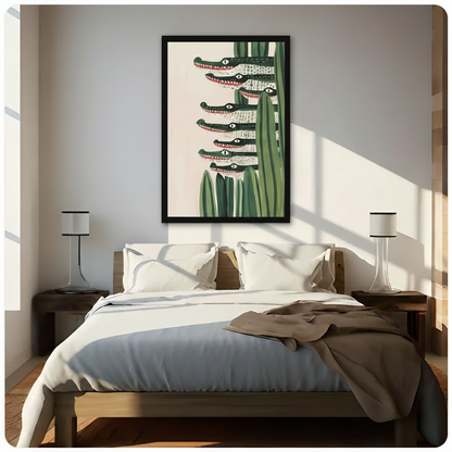 Black framed canvas wall art of seven crocodiles stacked among tall reeds in a minimalist illustration style, displayed above a wooden bed in a sunlit bedroom