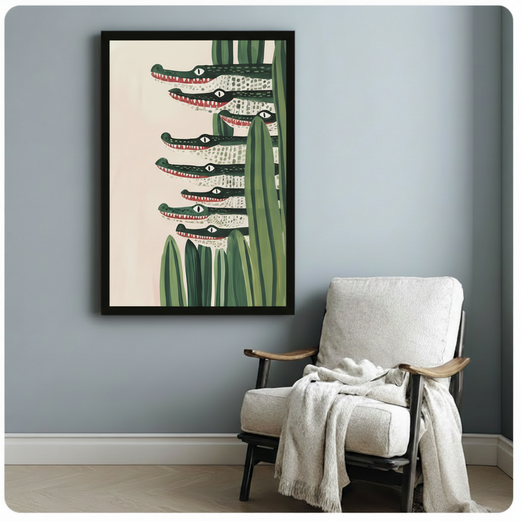 Framed whimsical canvas print of crocodiles layered in tall grass with bold green and cream tones, styled beside a cozy armchair on a blue-grey wall