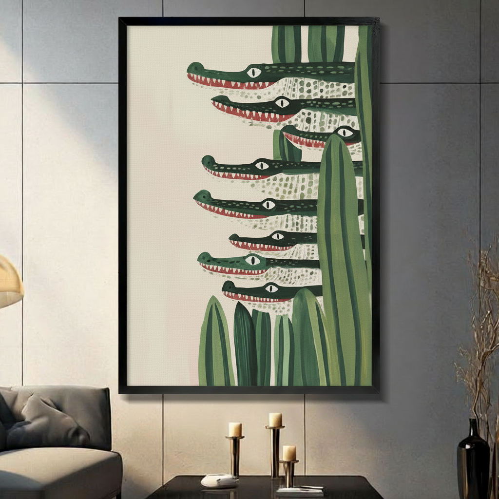 Framed canvas wall art of seven stacked crocodiles peeking through green reeds with open mouths, displayed in a moody living room with dark grey wall and candles