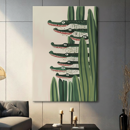 Gallery wrap canvas print of a stack of green crocodiles with red mouths emerging from tall reeds, frameless style on dark grey wall