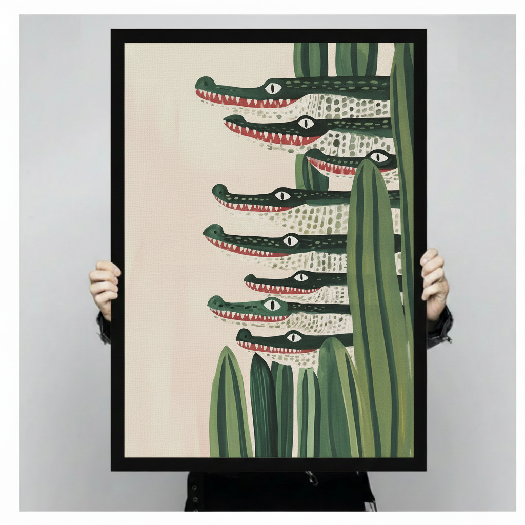 Person holding a black framed canvas print of stacked crocodiles in green reeds, showing actual print size against a neutral grey background