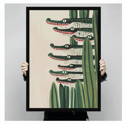 Person holding a black framed canvas print of stacked crocodiles in green reeds, showing actual print size against a neutral grey background