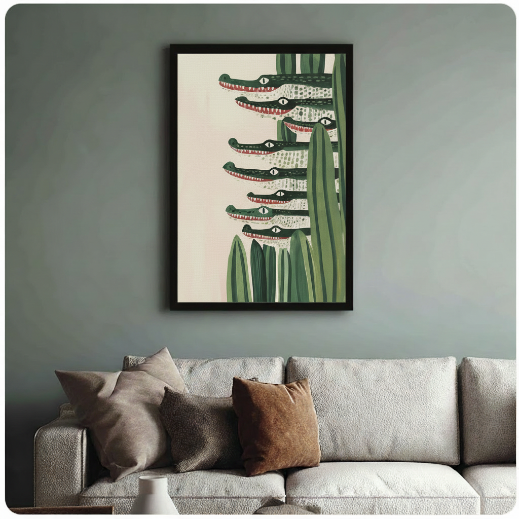 Black framed canvas art of multiple crocodiles stacked vertically among green reeds, hung above a neutral linen sofa on a sage green wall