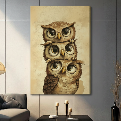 Unframed canvas print of three cute stacked owls with oversized eyes on a vintage parchment background, hung in a contemporary living room