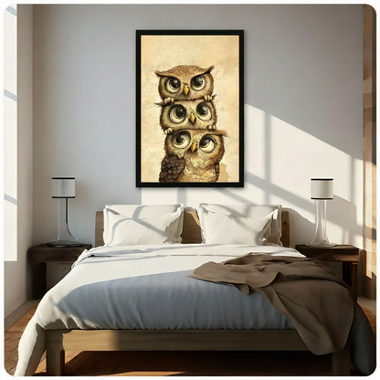 Black-framed cartoon owl trio wall art hung above a bed in a bright bedroom with warm natural light and neutral linen bedding