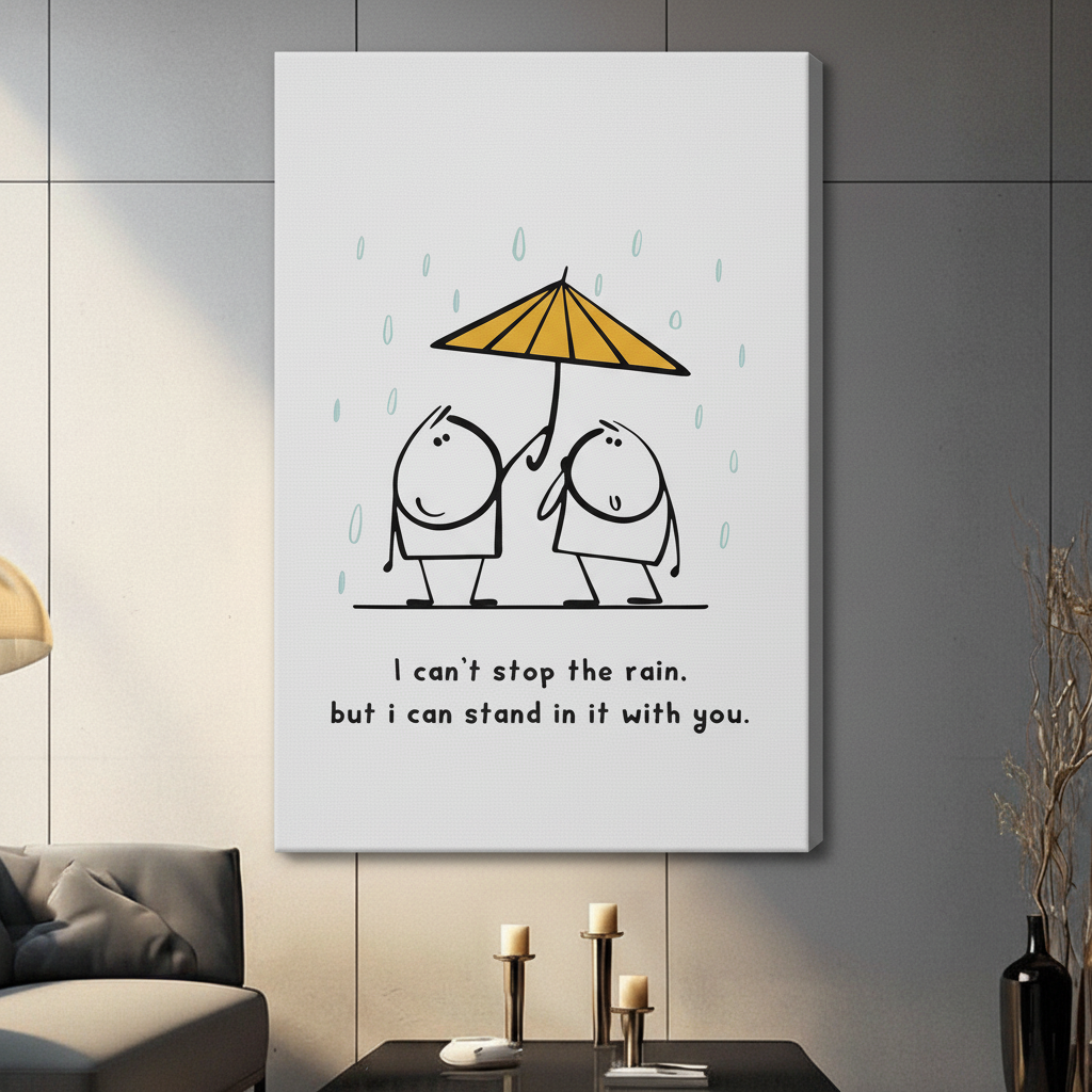 Unframed stretched canvas print of two smiling round cartoon friends holding a yellow umbrella together in teal raindrops with the uplifting quote I can't stop the rain but I can stand in it with you on a white background in a modern living room