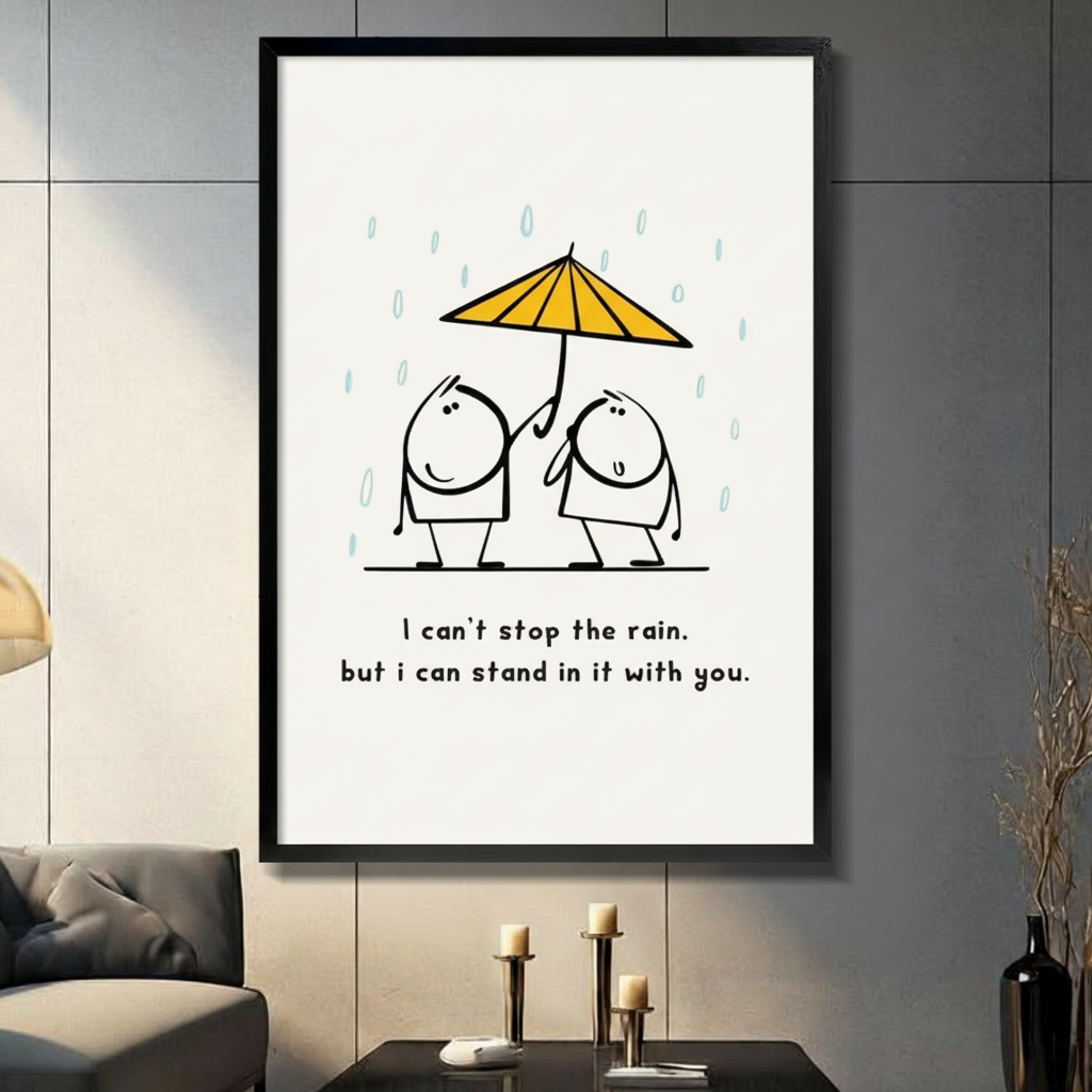Framed minimalist friendship quote canvas wall art with two round cartoon friends sharing a yellow umbrella in the rain and the text I can't stop the rain but I can stand in it with you on a cream background in a modern living room