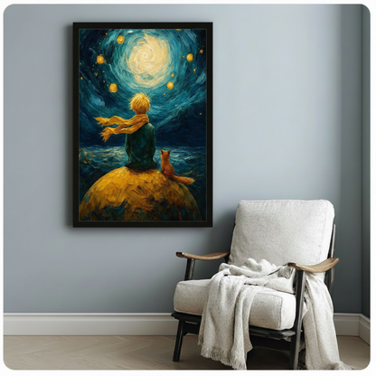 Black framed Van Gogh starry night style boy with yellow scarf and fox on golden planet canvas print beside white linen armchair on blue-grey wall - whimsical swirling night sky oil painting wall art with luminous moon and golden stars for reading nook decor