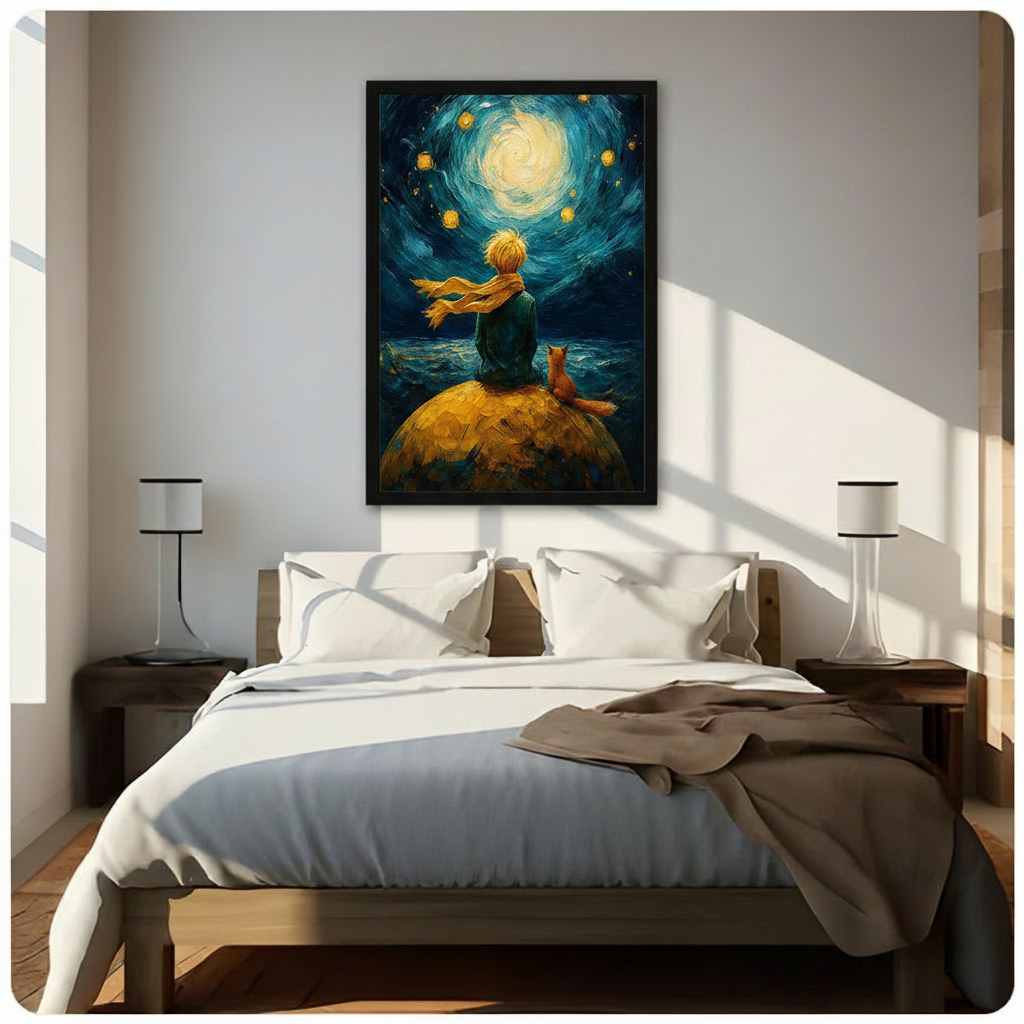 Framed Van Gogh starry night style boy with yellow scarf and fox on golden planet canvas print above wooden bed in sunlit minimalist bedroom - dreamy swirling teal night sky with luminous moon and golden stars oil painting wall art for contemporary bedroom home decor