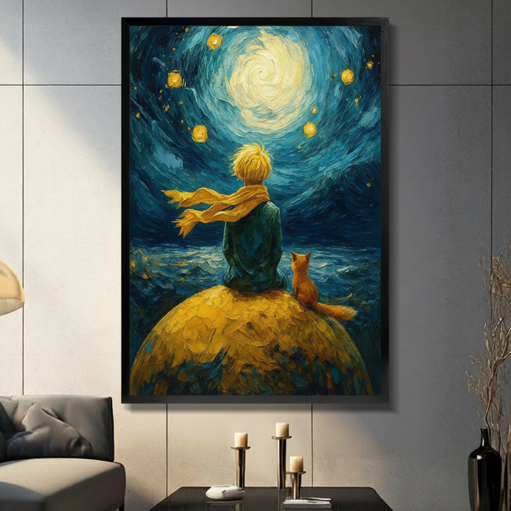 Framed Van Gogh starry night style boy and fox sitting on golden planet canvas print on dark grey wall in modern living room - dreamy swirling night sky with glowing moon and stars oil painting wall art in deep teal and gold for contemporary home decor