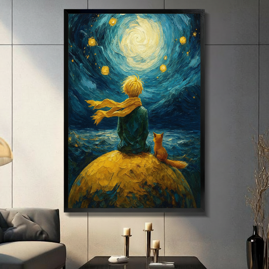 Framed Van Gogh starry night style boy and fox sitting on golden planet canvas print on dark grey wall in modern living room - dreamy swirling night sky with glowing moon and stars oil painting wall art in deep teal and gold for contemporary home decor