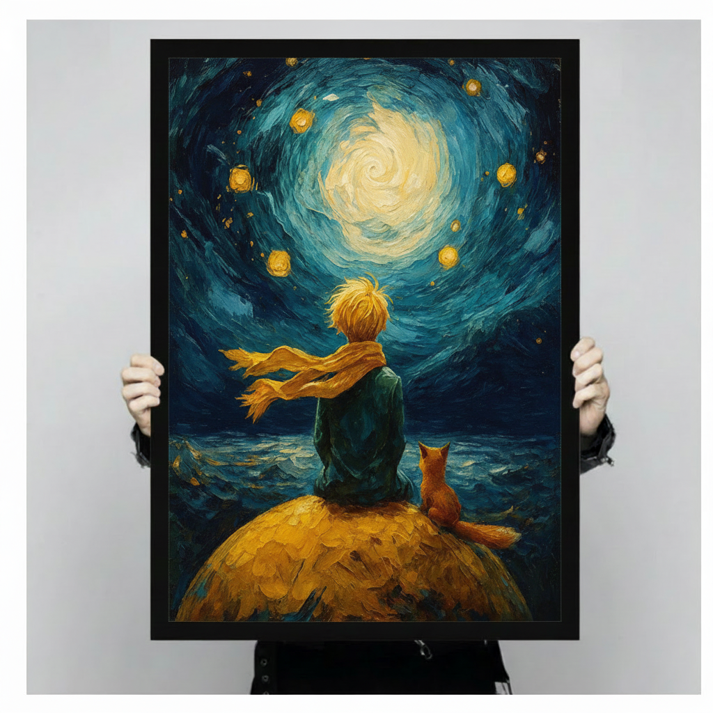 Person holding large framed Van Gogh starry night style boy and fox sitting on golden planet canvas print with both hands - close up view of dreamy swirling teal night sky with glowing moon and golden stars oil painting wall art with black frame finish