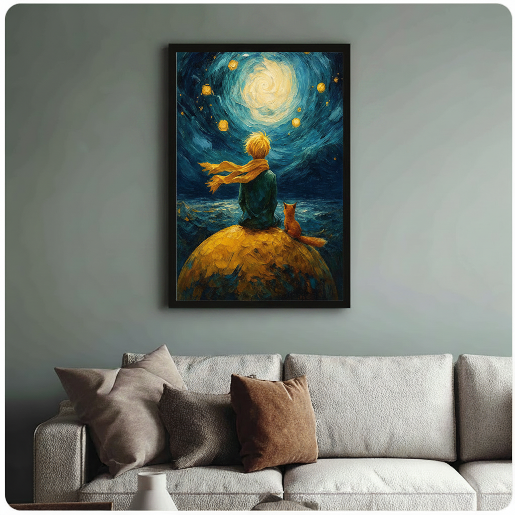 Framed Van Gogh starry night style boy and fox sitting on golden planet canvas print above cream sofa on sage green wall - dreamy swirling teal night sky with glowing moon and golden stars oil painting wall art for stylish living room decor