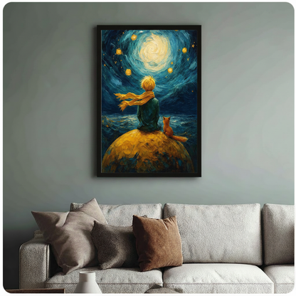 Framed Van Gogh starry night style boy and fox sitting on golden planet canvas print above cream sofa on sage green wall - dreamy swirling teal night sky with glowing moon and golden stars oil painting wall art for stylish living room decor