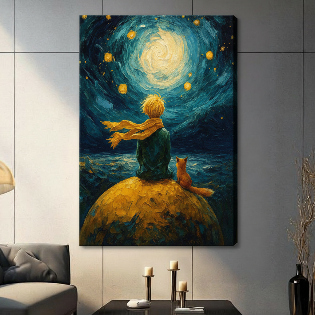 Unframed Van Gogh starry night style boy with yellow scarf and fox on golden planet canvas print on dark grey wall in contemporary living room - whimsical swirling night sky oil painting wall art with glowing moon and golden stars for modern interior decor