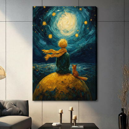 Unframed Van Gogh starry night style boy with yellow scarf and fox on golden planet canvas print on dark grey wall in contemporary living room - whimsical swirling night sky oil painting wall art with glowing moon and golden stars for modern interior decor