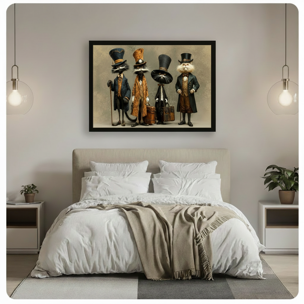 Framed steampunk cats wall art canvas print displayed above white bed in minimalist neutral bedroom