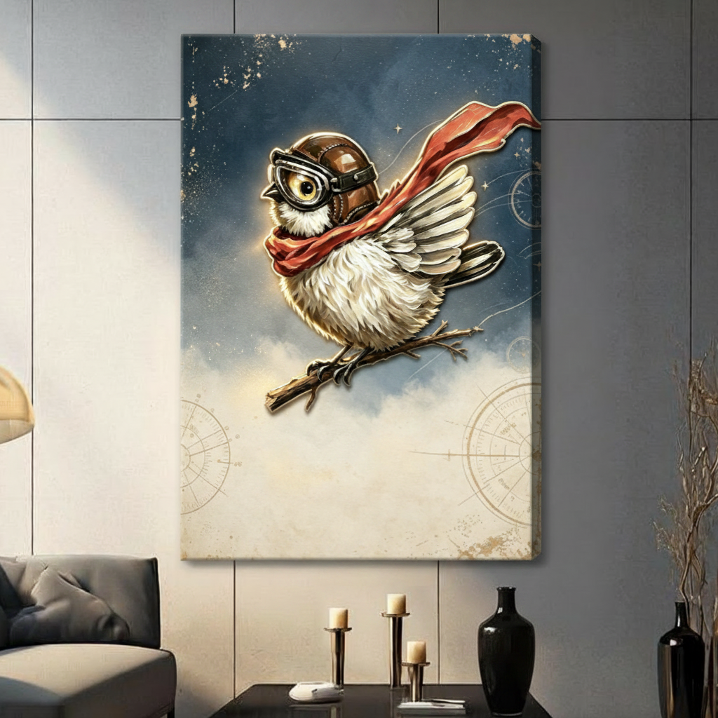 Fluffy sparrow in vintage leather flight helmet with goggles and flowing red scarf on branch with starry sky and compass rose canvas wall art print hanging in a contemporary living room with dark gray tiled wall