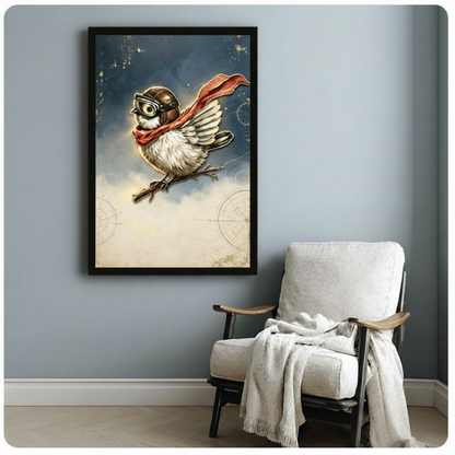 Whimsical steampunk bird with brown leather aviator cap, brass goggles, and red cape soaring on branch retro illustration framed art poster displayed beside a wooden armchair with white draped throw blanket against a soft blue-gray wall
