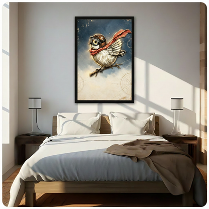 Steampunk sparrow aviator with leather helmet, goggles, and red cape on branch with starry sky and compass rose framed wall art print hanging above a modern bedroom bed with white linen bedding, dark wood nightstands, and minimalist white table lamps