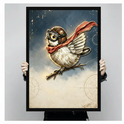 Adventurous fluffy sparrow in leather pilot helmet and goggles with red flowing cape and compass background steampunk fantasy framed wall art print held up for size reference against a light gray neutral background