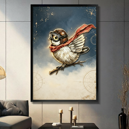 Steampunk sparrow wearing leather aviator helmet and goggles with red cape perched on branch fantasy illustration framed wall art print displayed in a living room with gray sofa, pillar candle holders, and black decorative vase against dark gray tiled wall