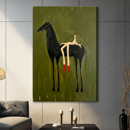 Surrealist naive oil painting of a tall elongated stick figure rider in red boots with a red round head seated on a large black horse against a distressed olive green background with gold scratch texture whimsical equestrian wall art stretched canvas in a living room with dark gray panel wall dark sofa and black vase