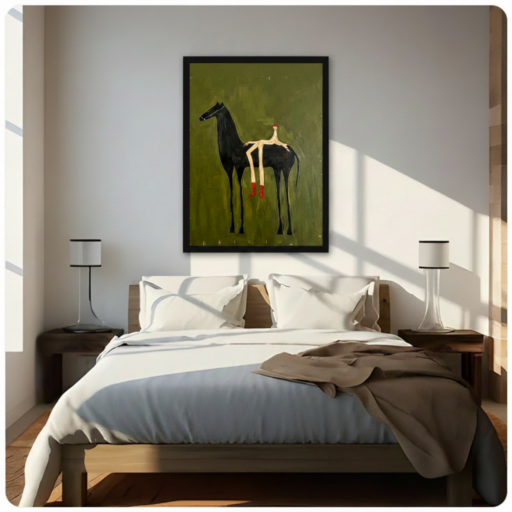 Surrealist naive oil painting of a spindly cream stick figure with a red head and red boots riding a large black horse on a rough olive green textured background with gold scratch details bold quirky equestrian wall art framed print above a bedroom with white linen bedding dark wood bed frame and white table lamps