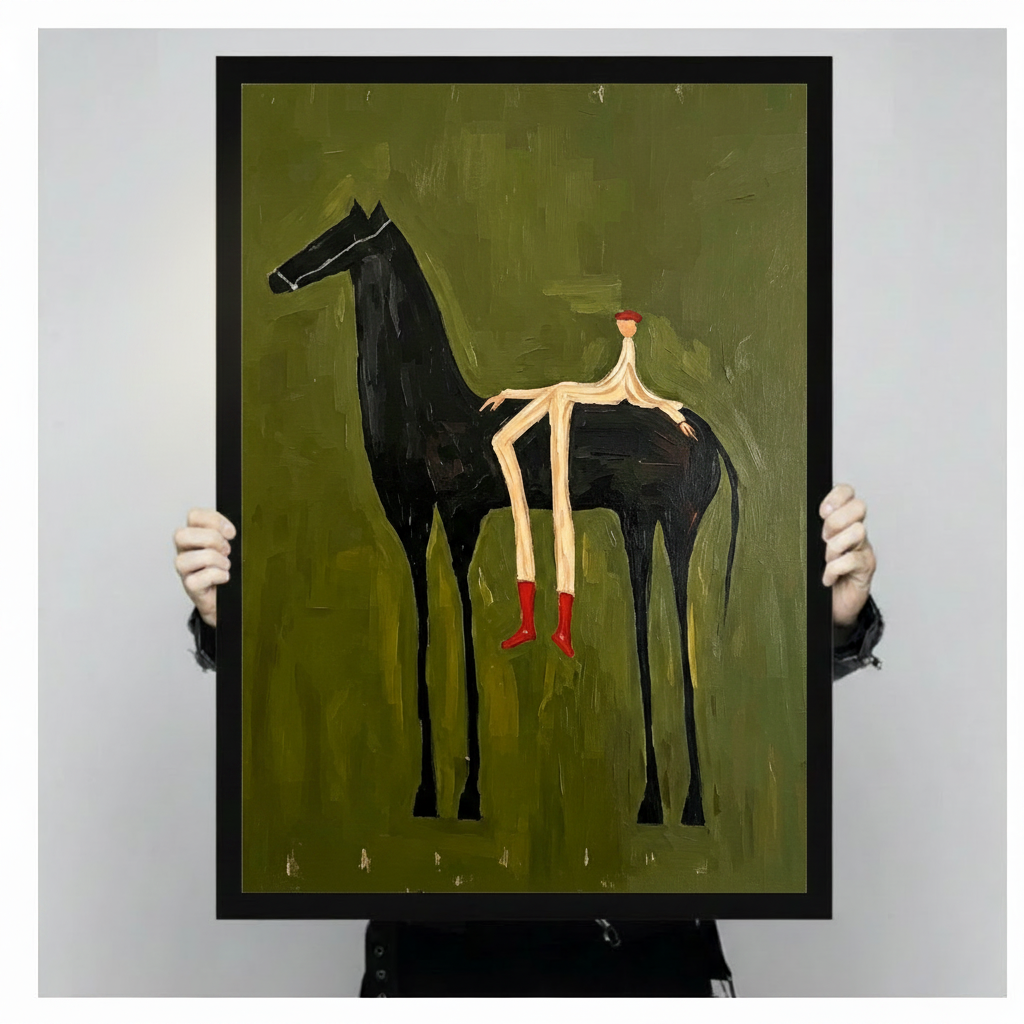 Surrealist naive oil painting of a minimalist cream stick figure with a red circular head and red ankle boots straddling a tall black horse against a rough heavily textured olive green background with gold scratches bold quirky equestrian wall art framed print held against a light gray background