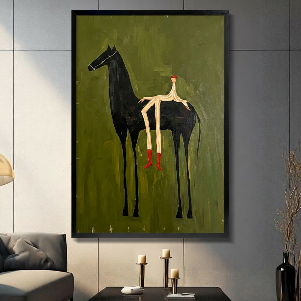 Surrealist naive oil painting of an elongated stick figure rider with a red round head and red boots straddling a tall black horse against a heavily textured olive green background with gold scratch marks quirky equestrian wall art framed print in a living room with dark gray panel wall dark sofa and black vase