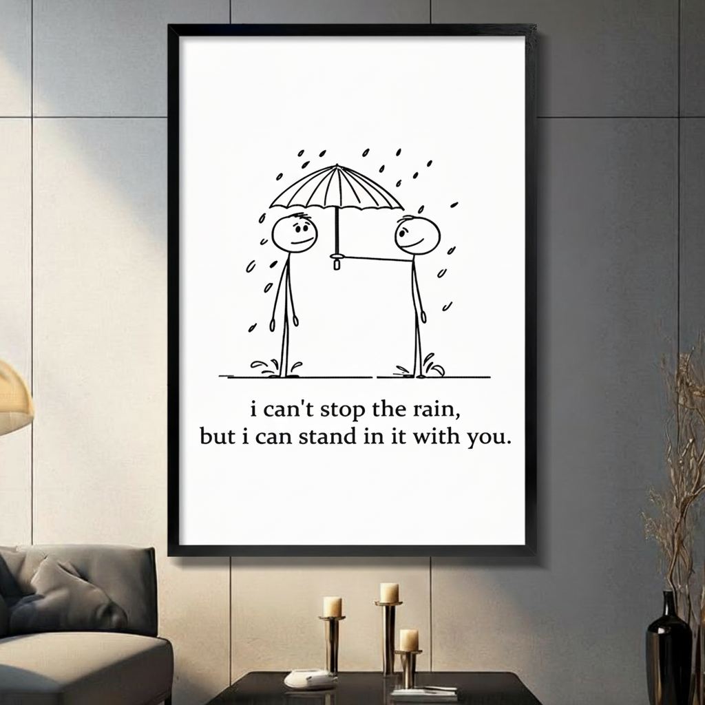 Framed minimalist stick figure couple sharing umbrella in rain canvas print on dark grey tile wall in modern living room - sweet i can't stop the rain but i can stand in it with you quote wall art in black and white for contemporary home decor