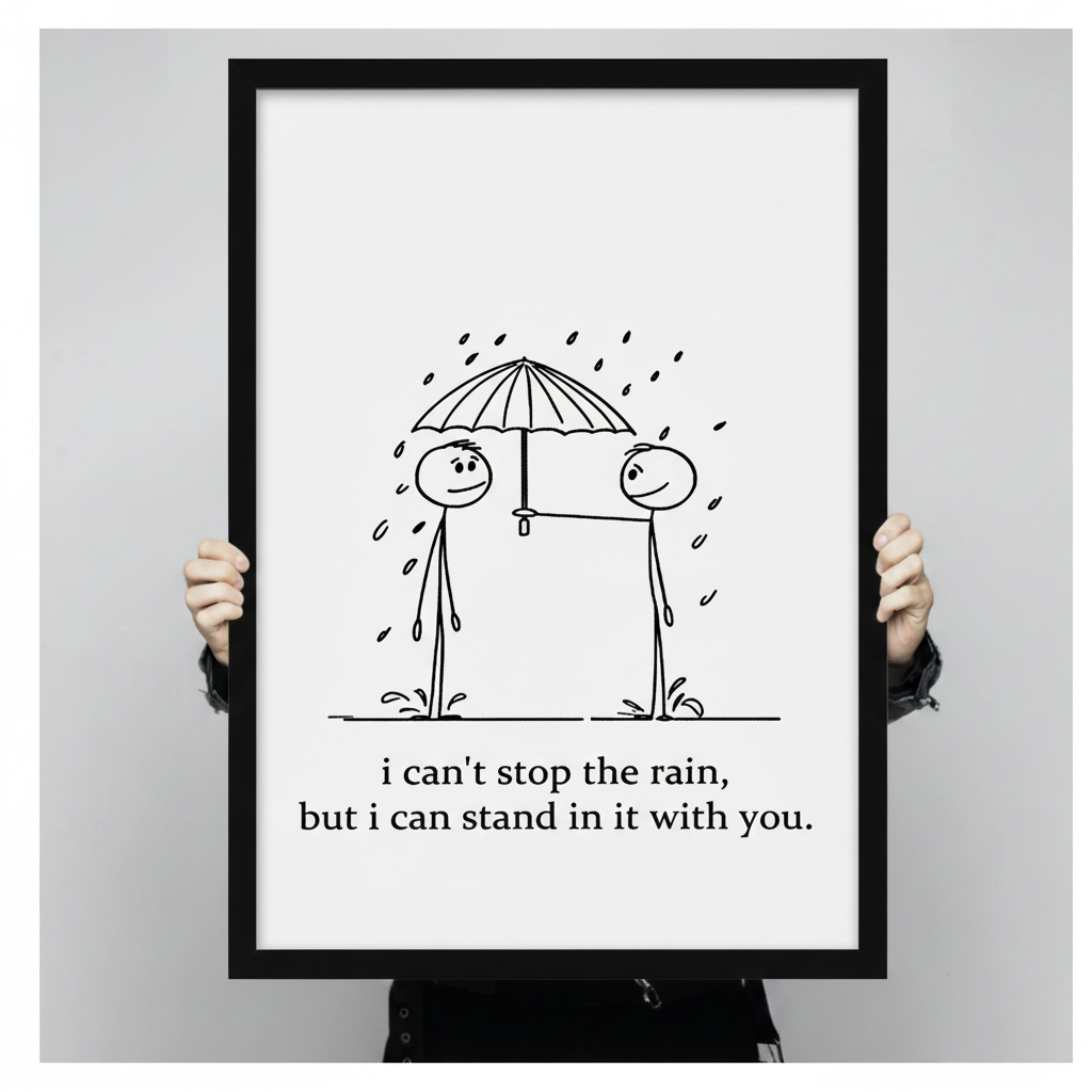 Person holding large framed stick figure couple sharing umbrella in rain canvas print with both hands - close up view of minimalist black and white romantic love quote wall art with clean hand-drawn illustration and black frame finish