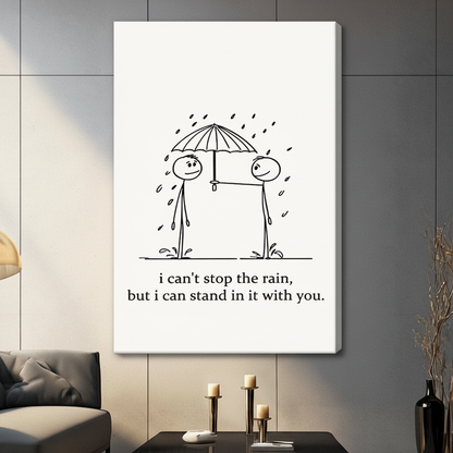 Unframed minimalist stick figure couple under umbrella in rain canvas print on dark grey wall in contemporary living room - romantic black and white love quote wall art with hand-drawn illustration for modern interior decor