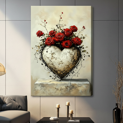 Gallery wrapped canvas print of a weathered stone heart sculpture adorned with vibrant red roses and wild dark vines, hung on a grey wall in a contemporary living room setting