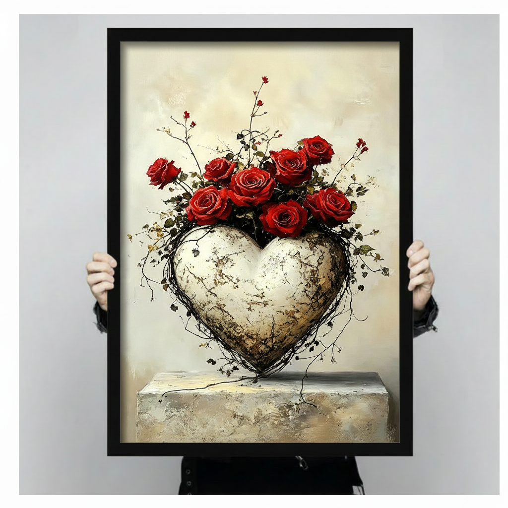 Close-up of a person holding a large black framed art print depicting a dramatic stone heart with dark vine tendrils and a crown of deep red roses resting on a stone plinth, showcasing print detail and size