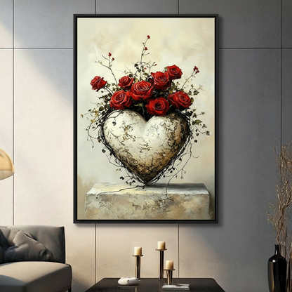 Framed gothic romantic wall art print featuring a textured stone heart wrapped in dark twisting vines with lush red roses blooming on top, displayed in a modern living room above a console table with candle holders