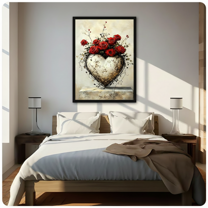 Framed gothic romantic art print hung above a bed in a sunlit bedroom, featuring a textured stone heart wrapped in dark twisting vines topped with vivid red roses, creating a moody yet elegant bedroom focal point