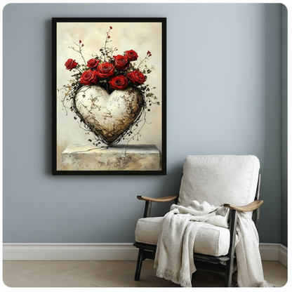 Black framed romantic floral wall art showing a cracked stone heart entwined with dark branches and blooming red roses on a marble pedestal, styled beside a white linen armchair on a blue-grey wall