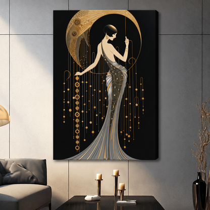 Stretched art deco woman moon canvas wall art displayed in a living room with a gold crescent and geometric details