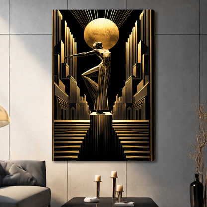 Stretched art deco woman sun canvas wall art showing a graceful dancer beneath a golden sun and geometric skyline