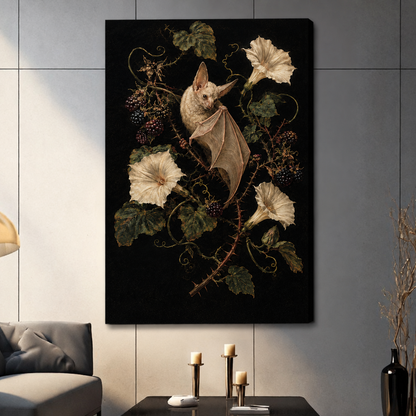 Stretched bat floral canvas wall art on a living room wall, showing a bat surrounded by pale blossoms and leafy vines