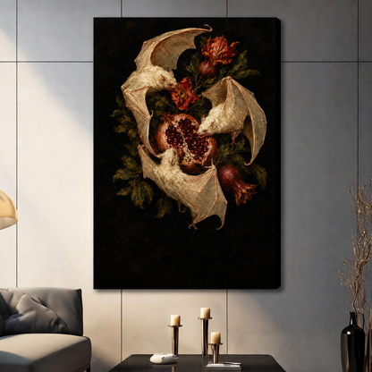 Stretched bat pomegranate canvas wall art showing bats gathered around a ripe pomegranate with red blossoms and foliage