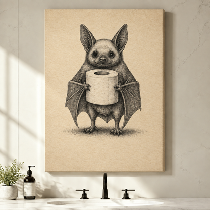 Stretched bat toilet paper bathroom wall art showing a charming bat holding a tissue roll on a warm beige background