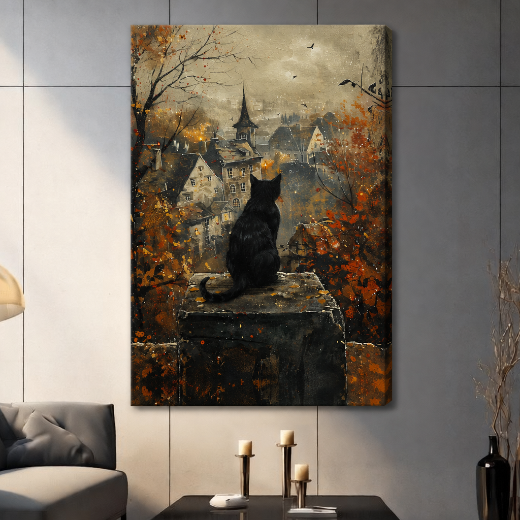 Stretched black cat autumn town canvas wall art showing a cat on a stone ledge above a misty village