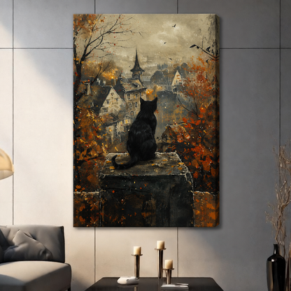Stretched black cat autumn town canvas wall art showing a cat on a stone ledge above a misty village