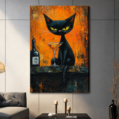  Stretched black cat cocktail canvas wall art showing a black cat seated at a bar beside a bottle and cocktail
