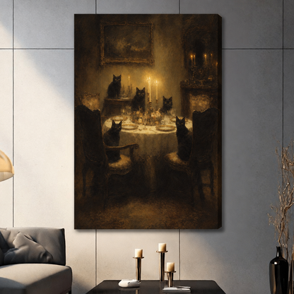  Stretched black cat dinner canvas wall art on a living room wall, showing cats gathered around a vintage table