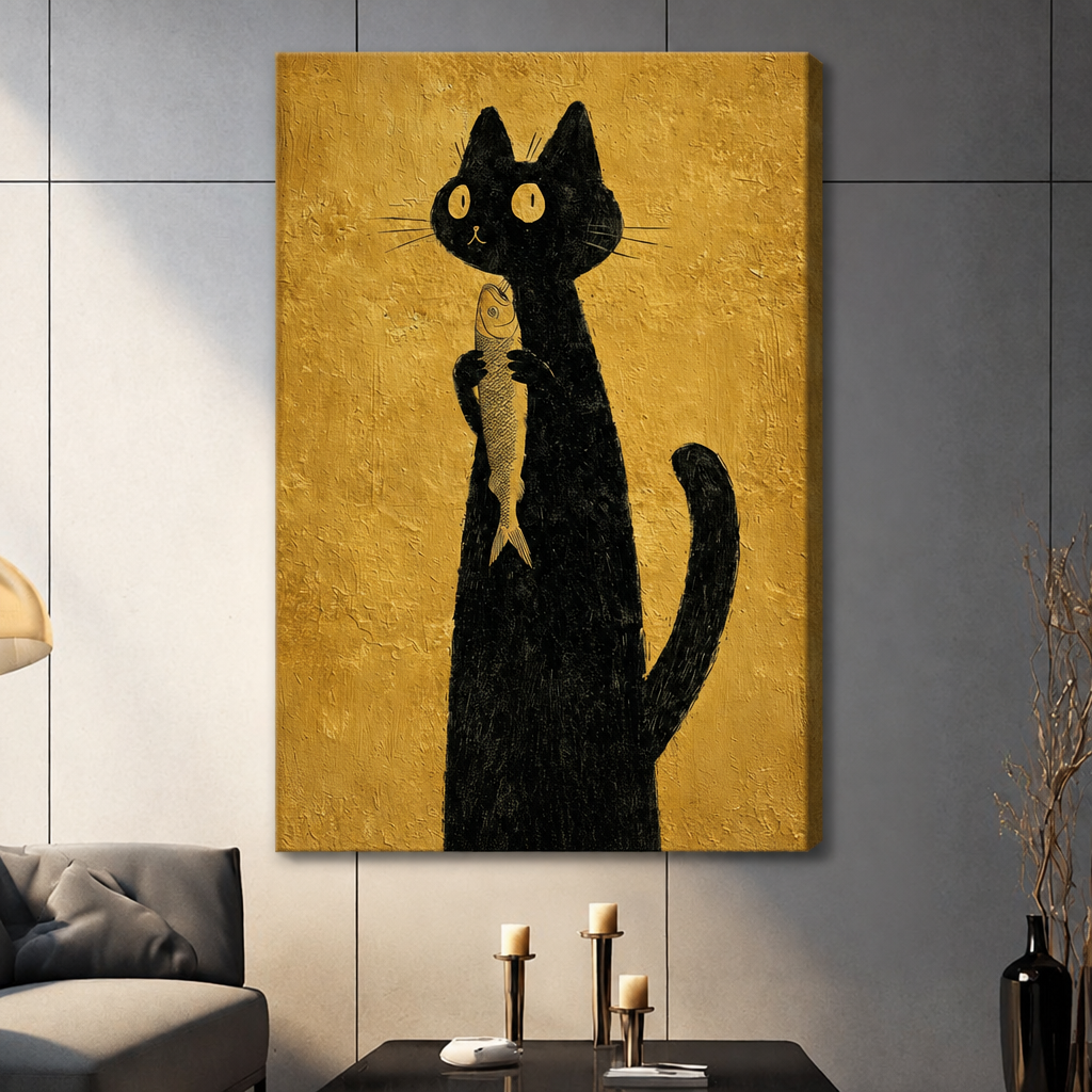  Stretched black cat fish canvas wall art on a living room wall, showing a slender cat against a textured golden background