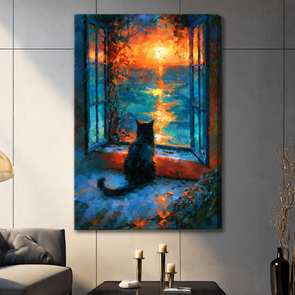  Stretched black cat sunset canvas wall art showing a cat sitting before an open window with vibrant orange and blue light


