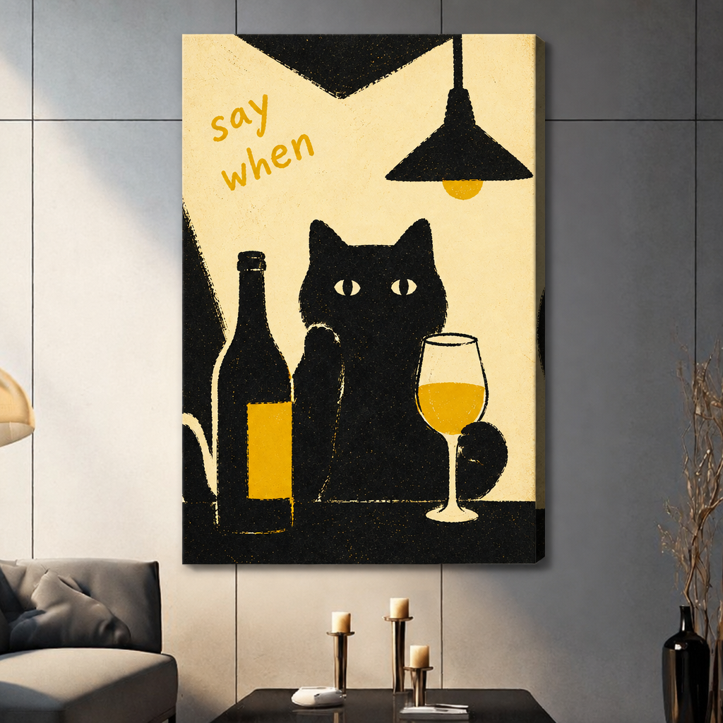  Stretched black cat wine canvas wall art on a living room wall, featuring a cat with a golden drink beside a bottle